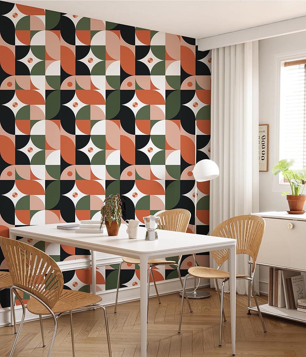 colourful kitchen wall paper, table and chairs